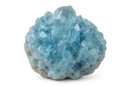 Celestite crystal geode showing blue mineral structure and formation, transparent background geology element