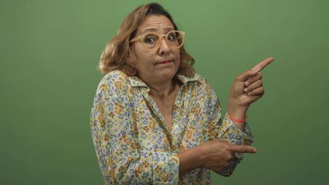 Woman wearing yellow glasses and a floral blouse points finger beside her against a green studio wall; curiosity.