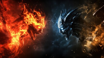 a dramatic representation of duality showcasing a fire-infused entity facing a creature of ice and shadow, highlighting opposing forces