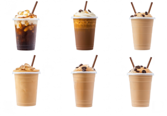 A collection of six delicious iced coffee beverages in clear cups. featuring various flavors and toppings. set against a clean white background. perfect for a beverage advertisement or menu display
