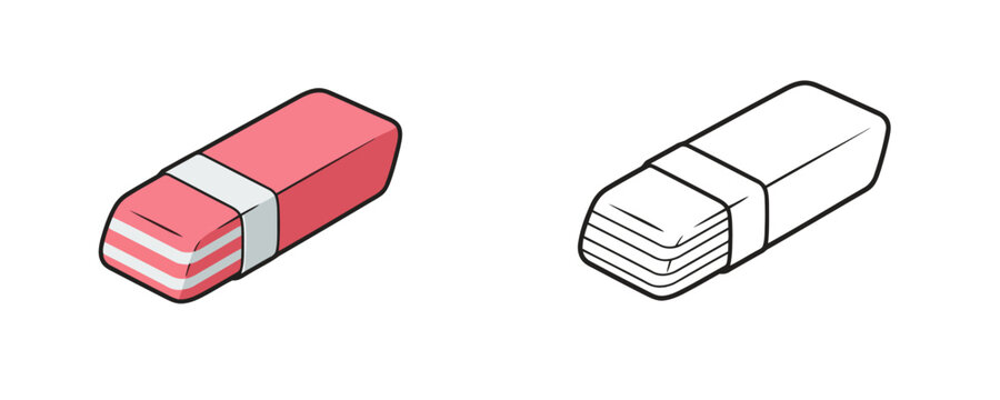 Vector illustration of two rectangular cartoon-style school erasers with a white paper wrapper on a white background, one in pink and white color and the other as a black and white outline drawing for