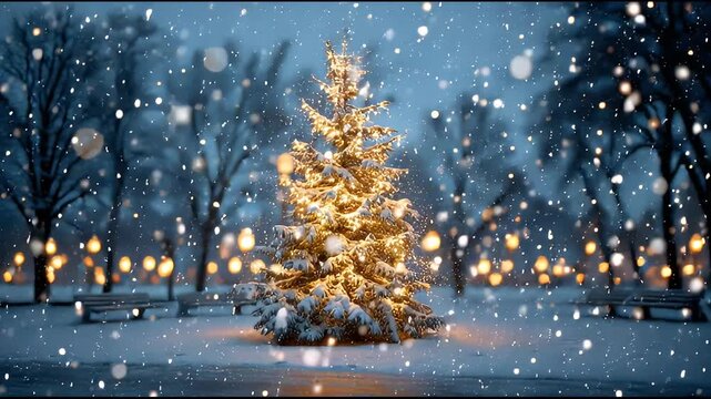 A captivating winter scene unfolds with softly falling snow blanketing a festive Christmas tree adorned with glowing lights in a serene urban park, evoking a peaceful holiday spirit