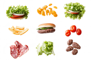 A assortment of fresh ingredients including lettuce. tomatoes. and various meats. arranged artistically to showcase a healthy meal option. ideal for culinary promotions or food blogs