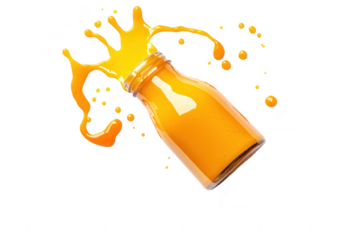 A glass bottle filled with fresh orange juice. tipped over on a white surface. with juice splashing out. creating a dynamic and energetic scene ideal for food and beverage promotions