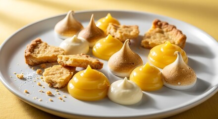 Lemon meringue pie bites and lemon curd drops on a white plate.