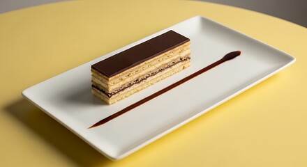 Elegant dessert presentation: a rectangular cake with chocolate glaze on a white plate with a sauce drizzle.