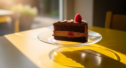 A slice of rich chocolate cake with raspberry filling and topping on a clear plate, bathed in warm sunlight on a bright yellow table.