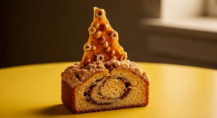 A gourmet slice of cinnamon swirl cake with a decorative caramel and hazelnut tree topping on a yellow table.