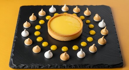 Lemon tart with meringue kisses and lemon curd dots on a black slate plate.