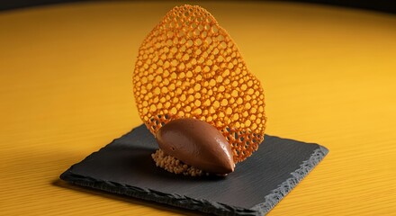 Gourmet chocolate dessert with a delicate crispy tuile on a dark slate plate.