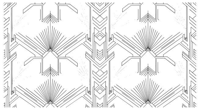 A seamless, repeating Art Deco style geometric pattern with symmetrical lines and abstract fan-like motifs.