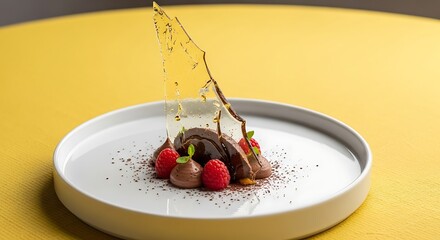 Elegant chocolate dessert with raspberries and a sugar decoration on a white plate.