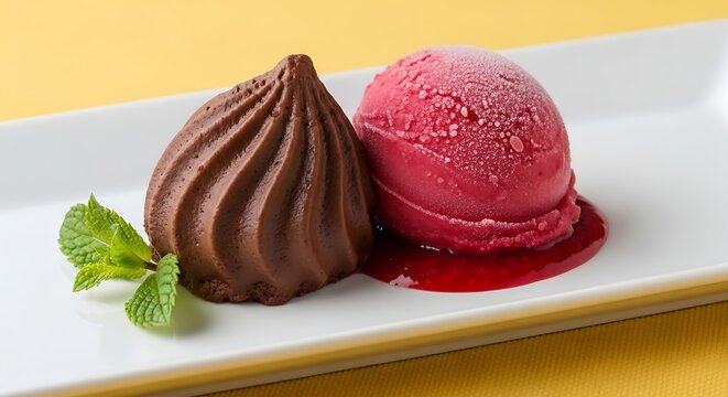 A beautifully plated dessert featuring chocolate mousse and raspberry sorbet with mint garnish.