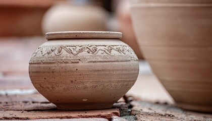 Rustic Ceramic Pot with Intricate Pattern Detail Sitting on Terracotta Bricks with Soft Natural Lighting