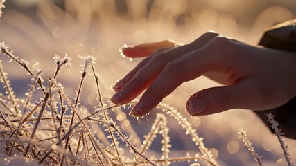 Hand touching frosty grass in a serene winter landscape, concept of winter travel - Powered by Adobe