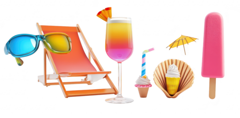 A beach scene featuring a colorful drink. ice cream. and a popsicle beside a lounge chair. with tropical accessories like sunglasses and an umbrella. evoking a fun summer vibe
