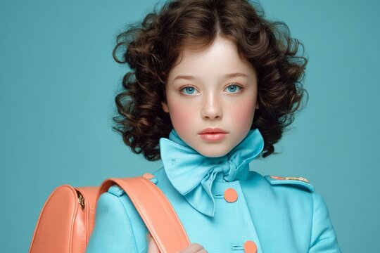 Childhood adventures embark with a bright backpack. Product showcase. Bright school day with coral bag and artistic details. Clean retouch. Fashion beauty.