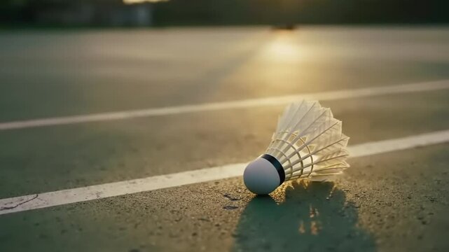 Badminton shuttlecock on court at sunset.