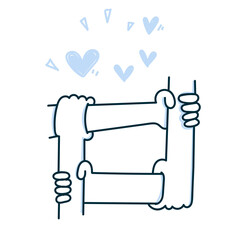 hand holding each other with heart love sign in hand drawn doodle 