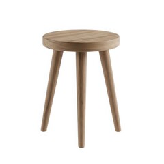 A rustic wooden three legged stool with a round seat isolated on white background