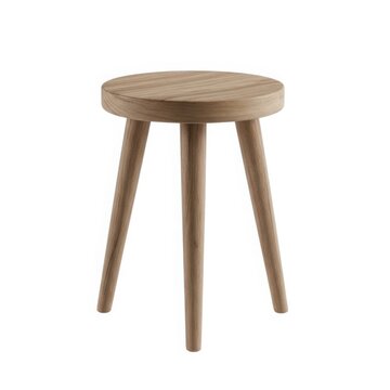 A rustic wooden three legged stool with a round seat isolated on white background