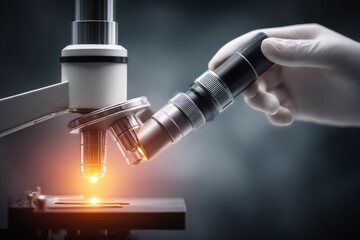 Close-up of a microscope with a gloved hand adjusting the eyepiece, glowing light present