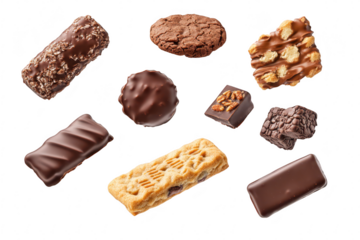 A delightful assortment of various chocolate-covered snacks including cookies. bars. and bites arranged aesthetically on a clean white background. ideal for use in food advertising or culinary blogs