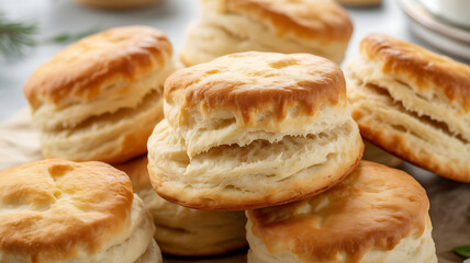 Freshly baked golden scones stacked on a wooden surface with herbs in the background