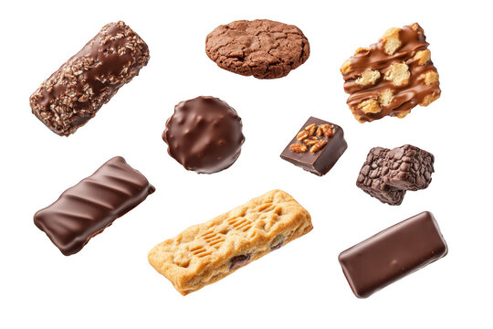 A delightful assortment of various chocolate-covered snacks including cookies. bars. and bites arranged aesthetically on a clean white background. ideal for use in food advertising or culinary blogs
