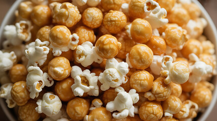 Close-up of caramel-coated popcorn in a bowl
