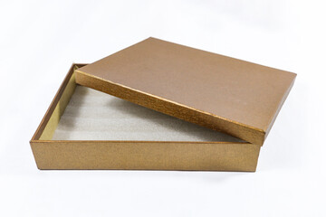 Open plain metallic bronze and copper-toned gift box package present, brown square golden mockup