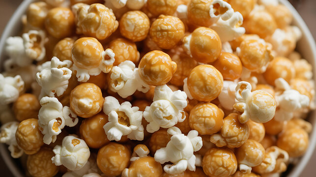 Close-up of caramel-coated popcorn in a bowl