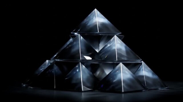 Abstract glass pyramids arranged in a triangular formation on black background