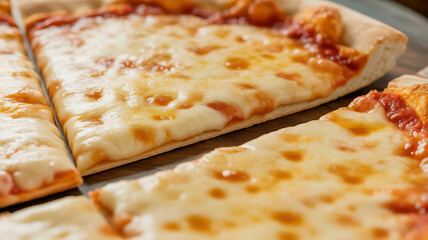 Close-up of freshly baked cheese pizza with melted mozzarella and tomato sauce, sliced and ready to serve