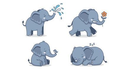 Four cartoon elephants in different poses: spraying water, holding a flower, sitting with a butterfly, and sleeping.