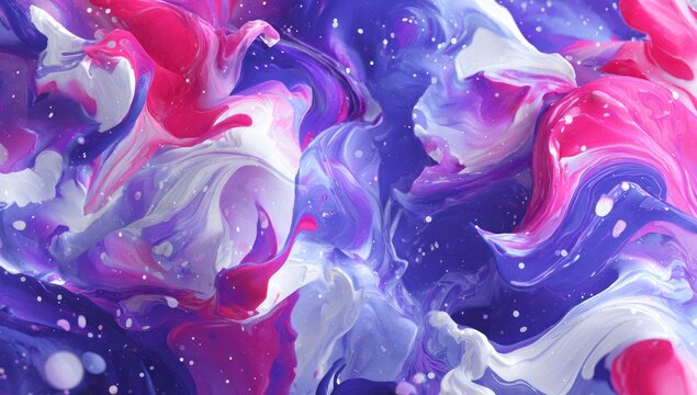 A close-up of swirling, colorful liquid paint, with pink, purple, and white hues