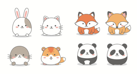 Adorable cartoon illustrations featuring a variety of cute, round-shaped animals, each with unique characteristics.