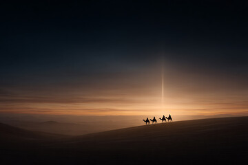 nativity scene, wise men on camels under a radiant star in a cinematic desert sunset, with warm tones and peaceful nativity theme, ultra-detailed k quality