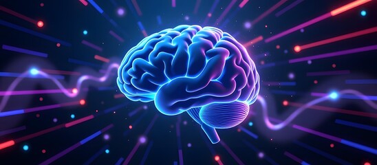 Vibrant Neon Brain Illustration with Dynamic Light Effects Symbolizing Mental Activity and Advanced Technology in a Futuristic Setting
