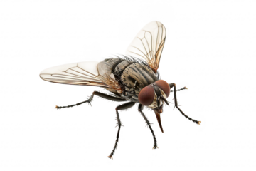 A close-up view of a common fly perched on a white surface. its intricate wing patterns and detailed anatomy. ideal for educational or scientific use
