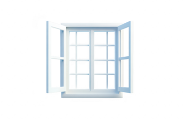 A bright and airy interior scene featuring a white window with open panes against a soft blue background. symbolizing openness and fresh perspectives. ideal for home decor or architectural themes
