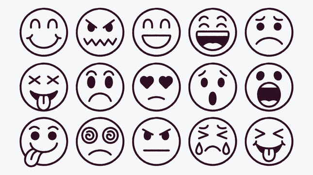 Various simple outline emoticon expressions depicting different emotional states of mind