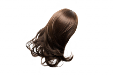 A realistic brown wig with long. flowing hair displayed on a clean white background. its natural texture and style. ideal for fashion. beauty. or costume purposes