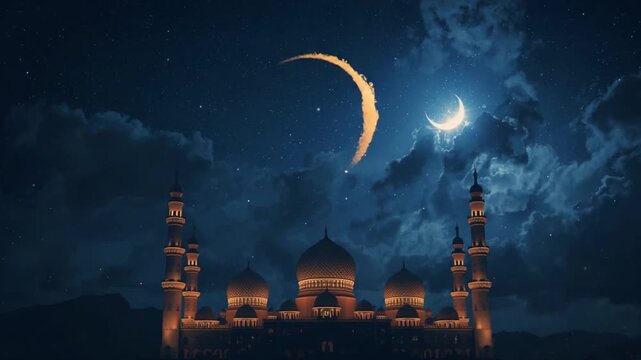 Night Sky Over Illuminated Mosque During Isra and Mi&rsquo;raj