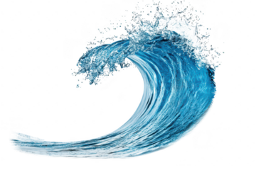 A dynamic wave crashing with blue water droplets splashing. symbolizing the power of nature. set against a clean white background. ideal for illustrating ocean themes