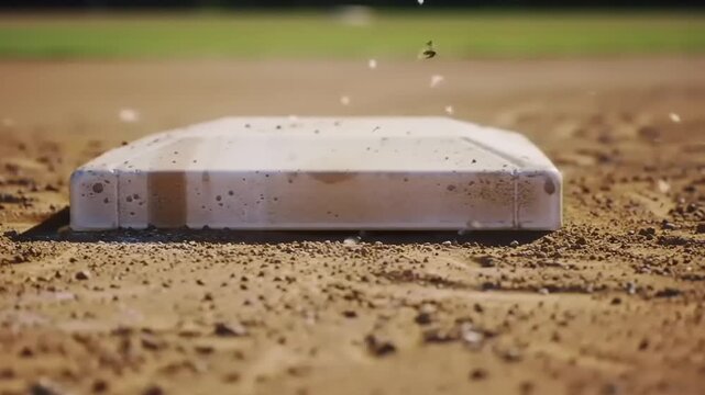 Baseball base on a dirt field.