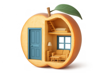 Apple fruit sliced open revealing cozy miniature house interior with living room and bedroom, concept of sweet home living