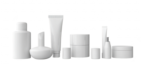 A minimalist arrangement of various white skincare and cosmetic containers. including bottles and jars. set against a neutral background. product design for beauty industry use