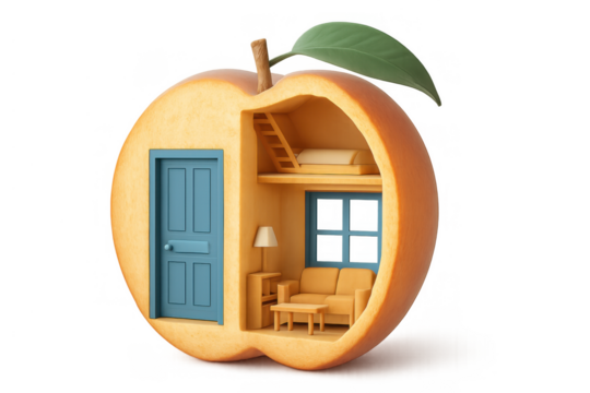 Apple fruit sliced open revealing cozy miniature house interior with living room and bedroom, concept of sweet home living - Powered by Adobe