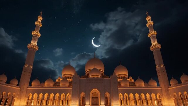 Crescent Moon Over Glowing Mosque for Isra and Mi&rsquo;raj Night